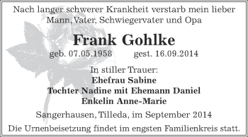 Traueranzeige von Frank Gohlke von Super Sonntag SGH Mansf. Land