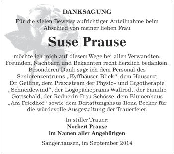 Traueranzeige von Suse Prause von Super Sonntag SGH Mansf. Land