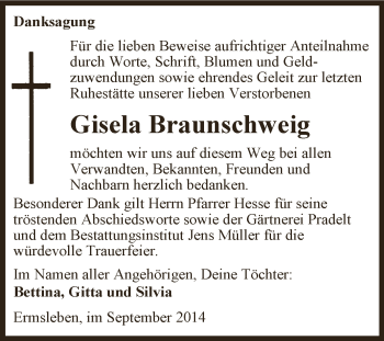 Traueranzeige von Gisela Braunschweig von Super Sonntag Aschersleben