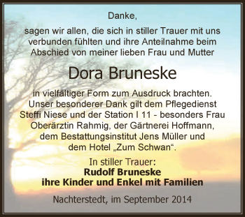 Traueranzeige von Dora Bruneske von Super Sonntag Aschersleben