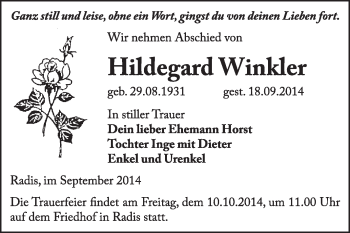 Traueranzeige von Hildegard Winkler von WVG - Wochenspiegel Wittenberg