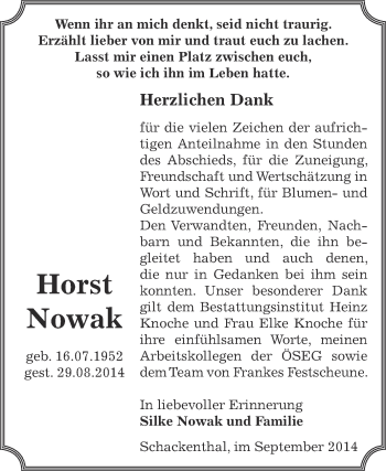 Traueranzeige von Horst Nowak von Super Sonntag Aschersleben