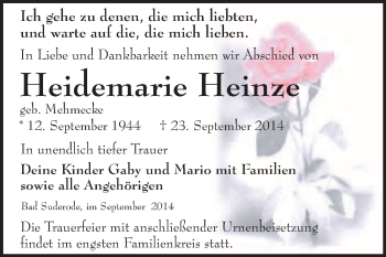 Traueranzeige von Heidemarie Heinze von WVG - Wochenspiegel Quedlinburg