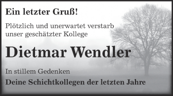 Traueranzeige von Dietmar Wendler von Super Sonntag Zeitz