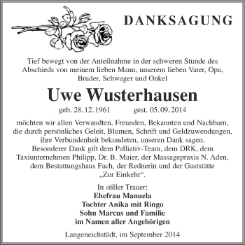Traueranzeige von Uwe Wusterhausen von WVG - Wochenspiegel Merseburg