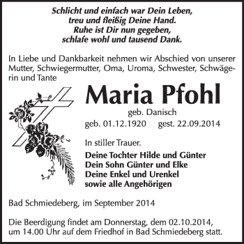Traueranzeige von Maria Pfohl von WVG - Wochenspiegel Wittenberg