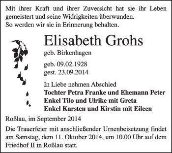 Traueranzeige von Elisabeth Grohs von Super Sonntag Dessau / Köthen