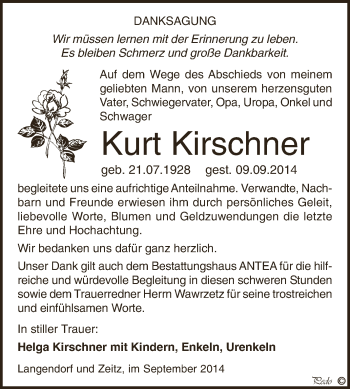 Traueranzeige von Kurt Kirschner von Super Sonntag Zeitz
