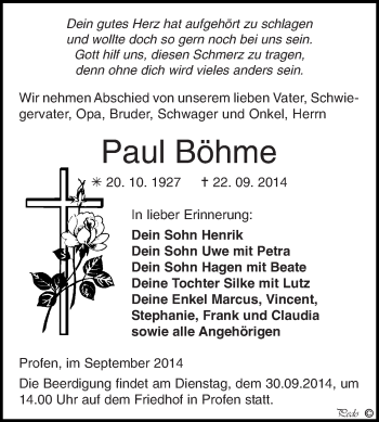 Traueranzeige von Paul Böhme von Super Sonntag Zeitz