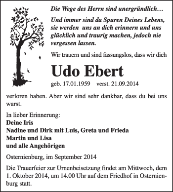 Traueranzeige von Udo Ebert von Super Sonntag Dessau / Köthen