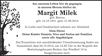 Traueranzeige von Margit Milek von Super Sonntag SGH Mansf. Land