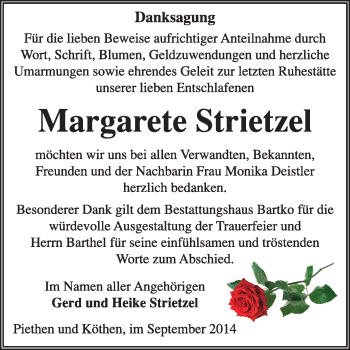 Traueranzeige von Margarete Strietzel von Super Sonntag Dessau / Köthen