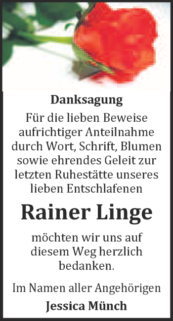 Traueranzeige von Rainer Linge von WVG - Wochenspiegel Quedlinburg