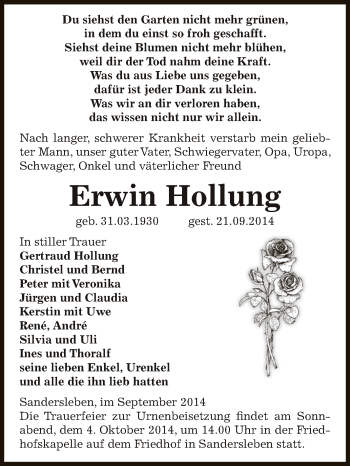 Traueranzeige von Erwin Hollung von Super Sonntag SGH Mansf. Land