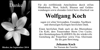 Traueranzeige von Wolfgang Koch von WVG - Wochenspiegel Quedlinburg