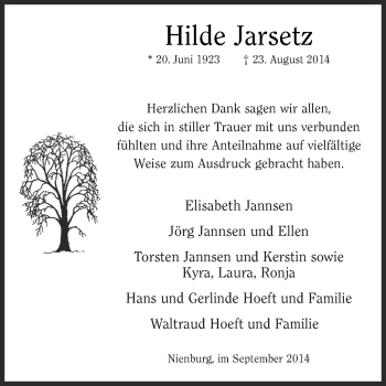 Traueranzeige von Hilde Jarsetz von Super Sonntag Bernburg
