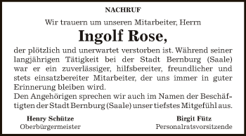 Traueranzeige von Ingolf Rose von Super Sonntag Bernburg