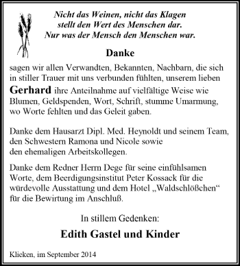 Traueranzeige von Gerhard Gastel von Super Sonntag Dessau / Köthen