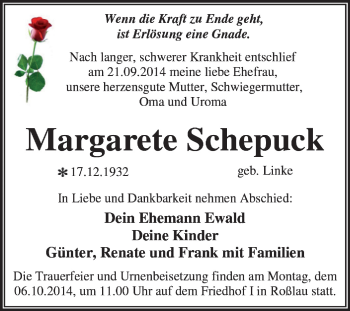 Traueranzeige von Margarete Schepuck von Super Sonntag Dessau / Köthen