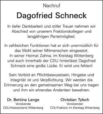 Traueranzeige von Dagofried Schneck von Super Sonntag Wittenberg