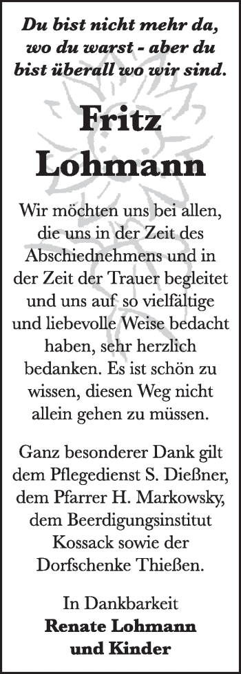 Traueranzeige von Fritz Lohmann von Super Sonntag Wittenberg