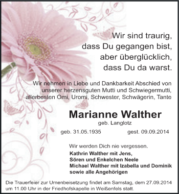 Traueranzeige von Marianne Walther von Mitteldeutsche Zeitung Weißenfels
