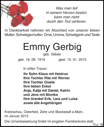 Traueranzeige von Emmy Gerbig von Super Sonntag Zeitz