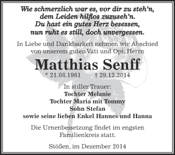 Traueranzeige von Matthias Senff von Super Sonntag Zeitz