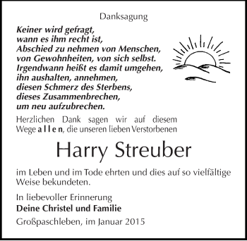 Traueranzeige von Harry Streuber von Mitteldeutsche Zeitung Köthen
