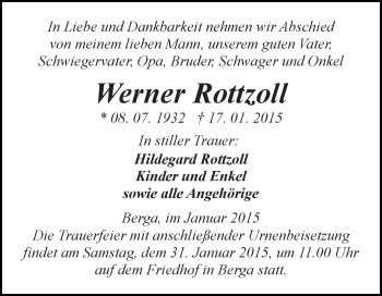 Traueranzeige von Werner Rottzoll von Super Sonntag SGH Mansf. Land