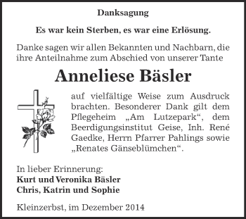 Traueranzeige von Anneliese Bäsler von WVG - Wochenspiegel Dessau / Köthen
