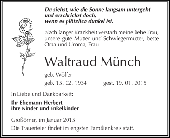 Traueranzeige von Waltraud Münch von Mitteldeutsche Zeitung Mansfelder Land