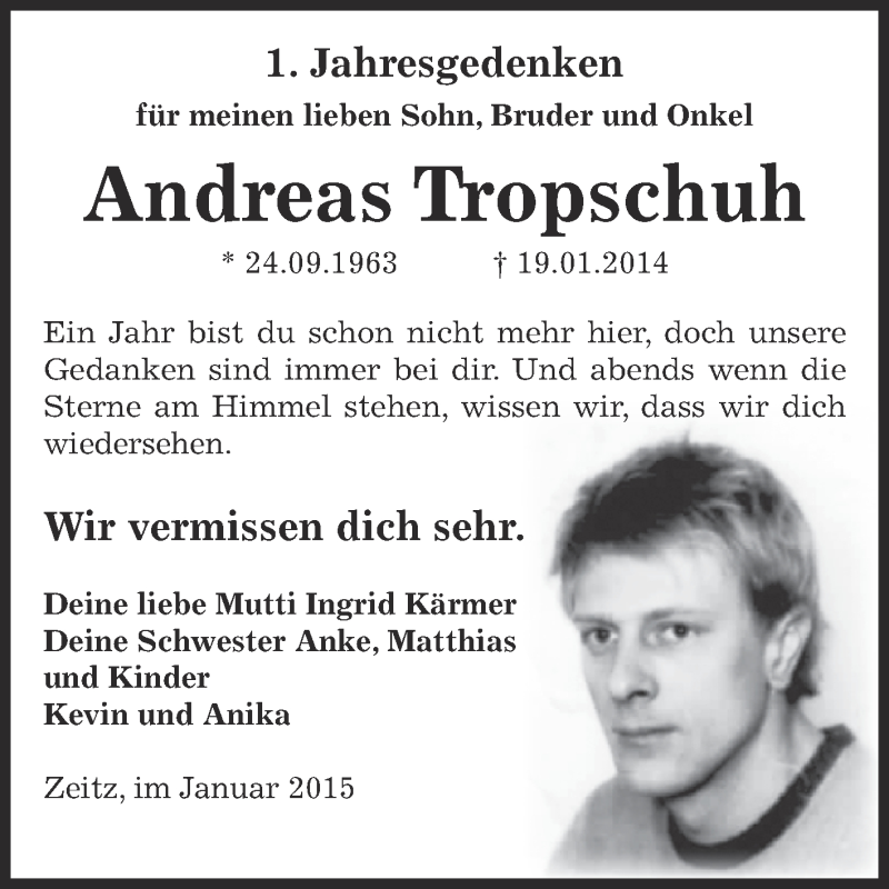  Traueranzeige für Andreas Tropschuh vom 18.01.2015 aus Super Sonntag Zeitz