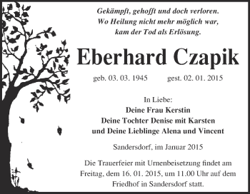 Traueranzeige von Eberhard Czapik von WVG - Wochenspiegel Bitterfeld