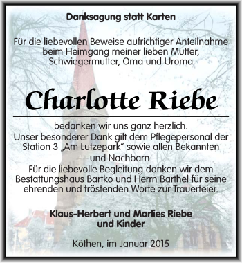 Traueranzeige von Charlotte Riebe von Mitteldeutsche Zeitung Köthen