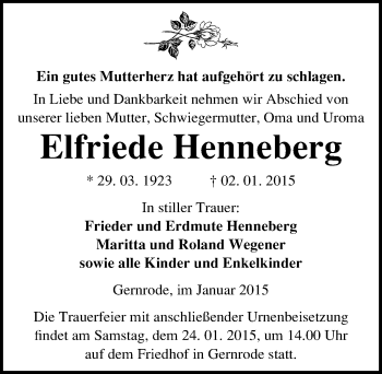 Traueranzeige von Elfriede Henneberg von Mitteldeutsche Zeitung Quedlinburg