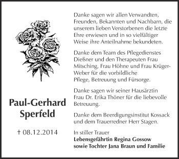 Traueranzeige von Paul-Gerhard Sperfeld von WVG - Wochenspiegel Dessau / Köthen