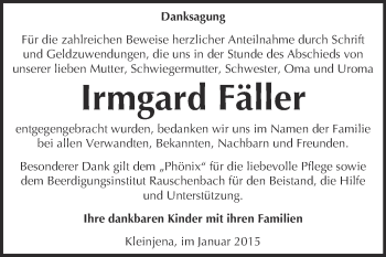 Traueranzeige von Irmgard Fäller von WVG - Wochenspiegel NMB / WSF / ZTZ