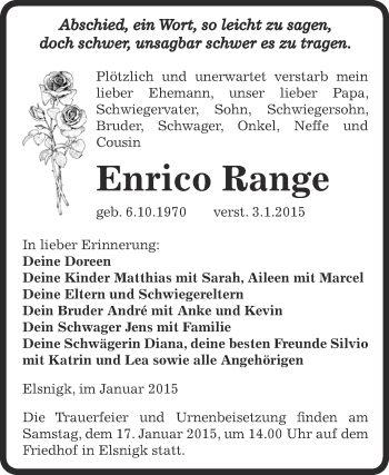 Traueranzeige von Enrico Range von WVG - Wochenspiegel Dessau / Köthen