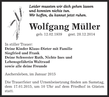 Traueranzeige von Wolfgang Müller von Super Sonntag Aschersleben