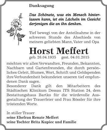 Traueranzeige von Horst Meffert von WVG - Wochenspiegel Dessau / Köthen