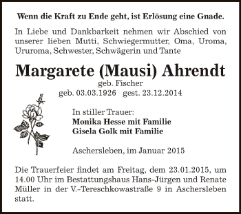 Traueranzeige von Margarete Ahrendt von WVG - Wochenspiegel Aschersleben
