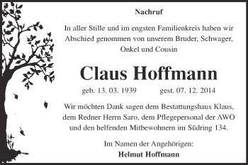 Traueranzeige von Claus Hoffmann von WVG - Wochenspiegel NMB / WSF / ZTZ