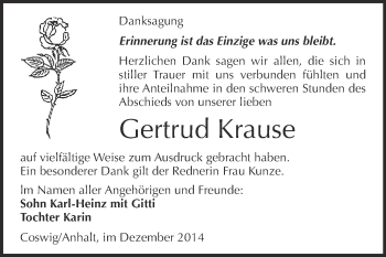 Traueranzeige von Gertrud Krause von Super Sonntag Wittenberg