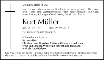 Traueranzeige von Kurt Müller von Mitteldeutsche Zeitung Mansfelder Land