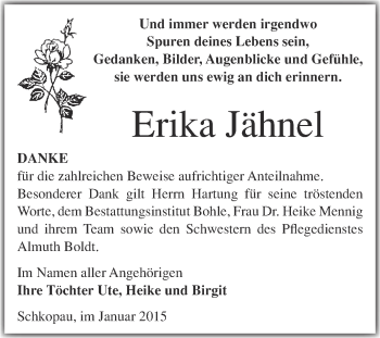 Traueranzeige von Erika Jähnel von Super Sonntag Merseburg