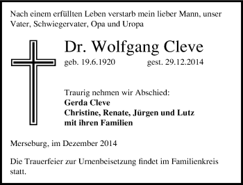 Traueranzeige von Wolfgang Cleve von Mitteldeutsche Zeitung Merseburg/Querfurt