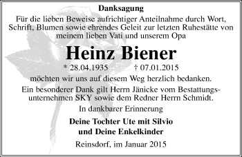 Traueranzeige von Heinz Biener von Mitteldeutsche Zeitung Wittenberg