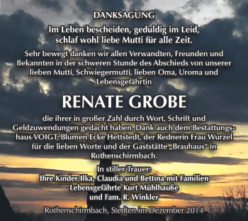 Traueranzeige von Renate Grobe von Super Sonntag SGH Mansf. Land