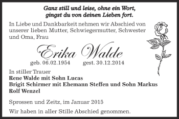 Traueranzeige von Erika Walde von Super Sonntag Zeitz